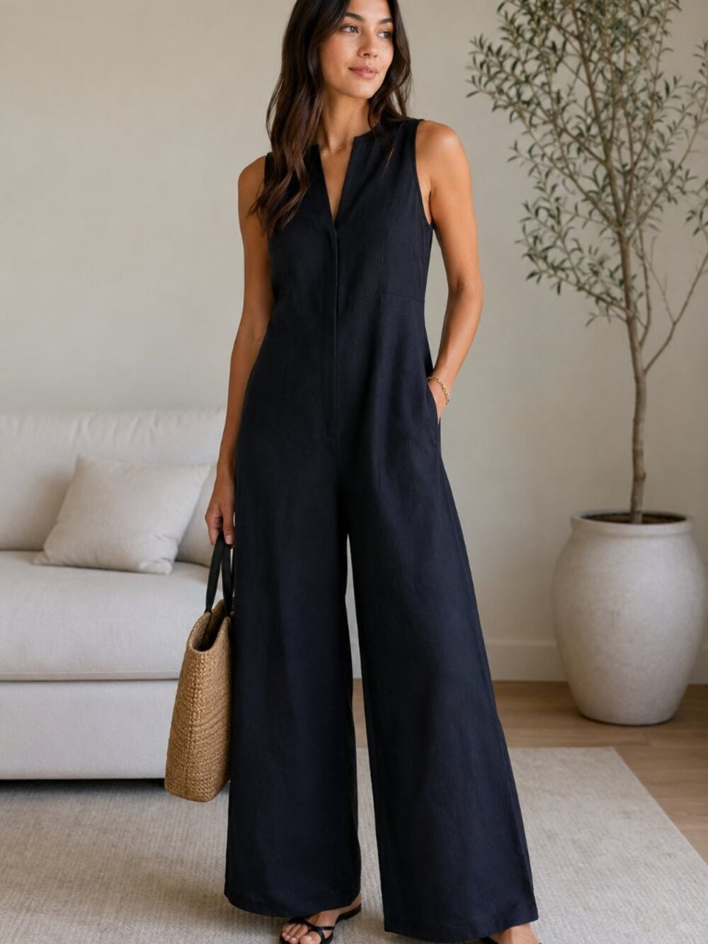Lioness Jet T'aime Linen Blend Wide-Leg Jumpsuit – Navy